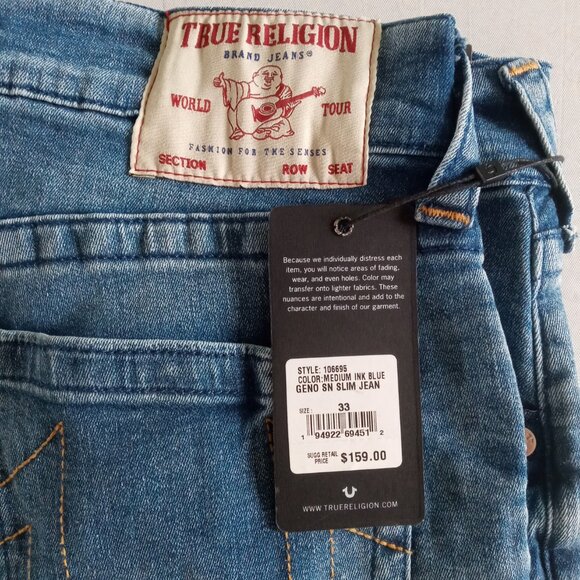 True Religion Geno Slim ink blue jeans size 33 x 34 New with Tags - Picture 5 of 9